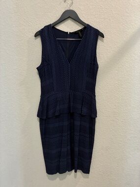 BCBGMaxAzria Navy Textured V-Neck Peplum Midi Dress